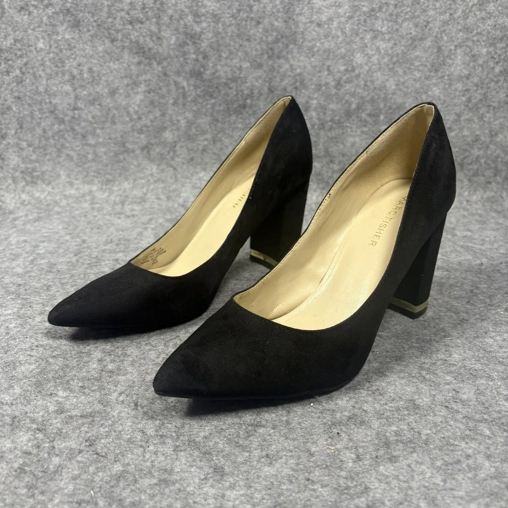 Marc Fisher Gildy Black Pointed Toe Block Heel Pumps Gold Accent MFGILDY5-R 7M